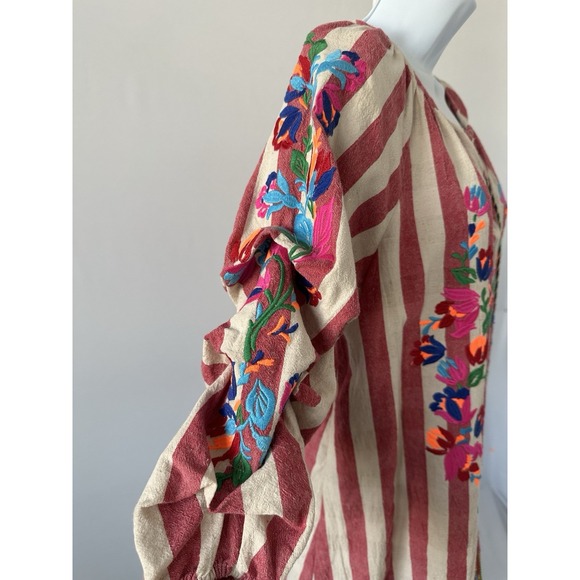 See And Be Seen Linen Bl Red Stripe Floral Embroidered Boho Top, Sz: Small (B51) - Picture 3 of 6